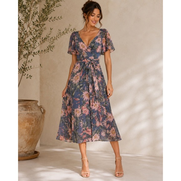 julia jordan Dresses & Skirts - Julia Jordan Floral Midi Dress Wedding Guest Cottagecore Wrap Blue Pink Size 10